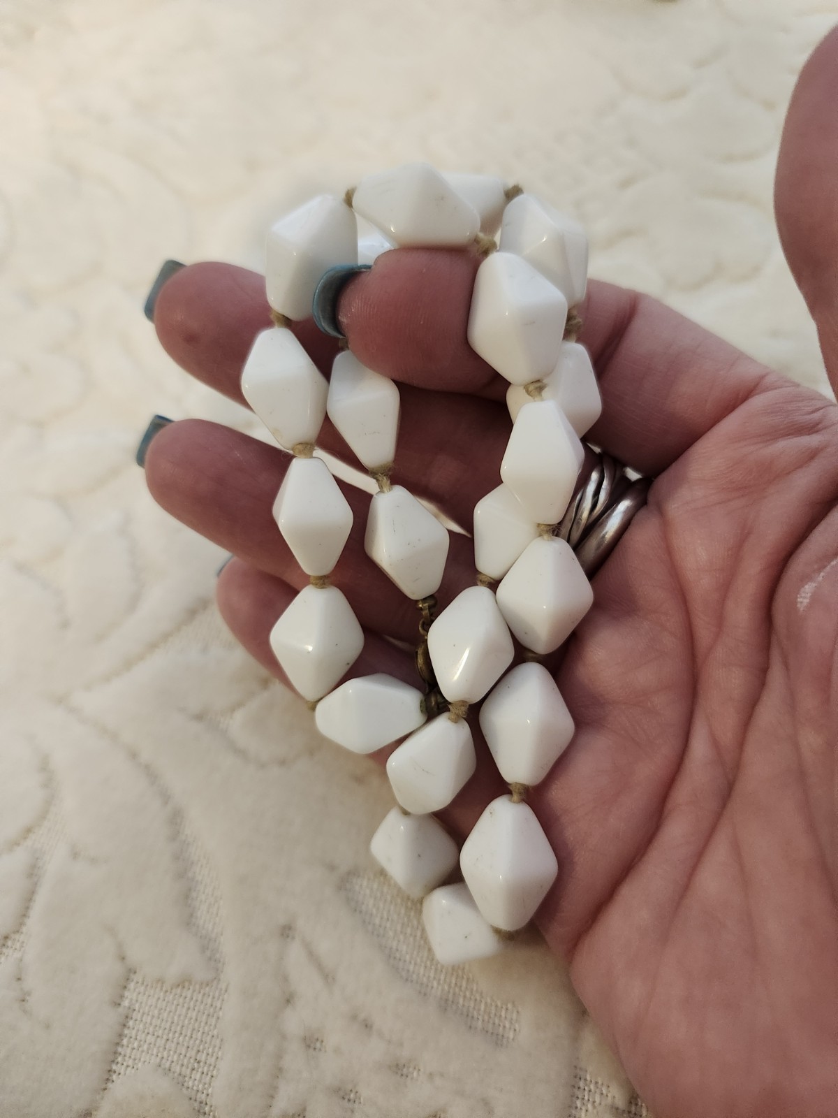 Vintage necklace, white tone, milk glass bicone beads 16″