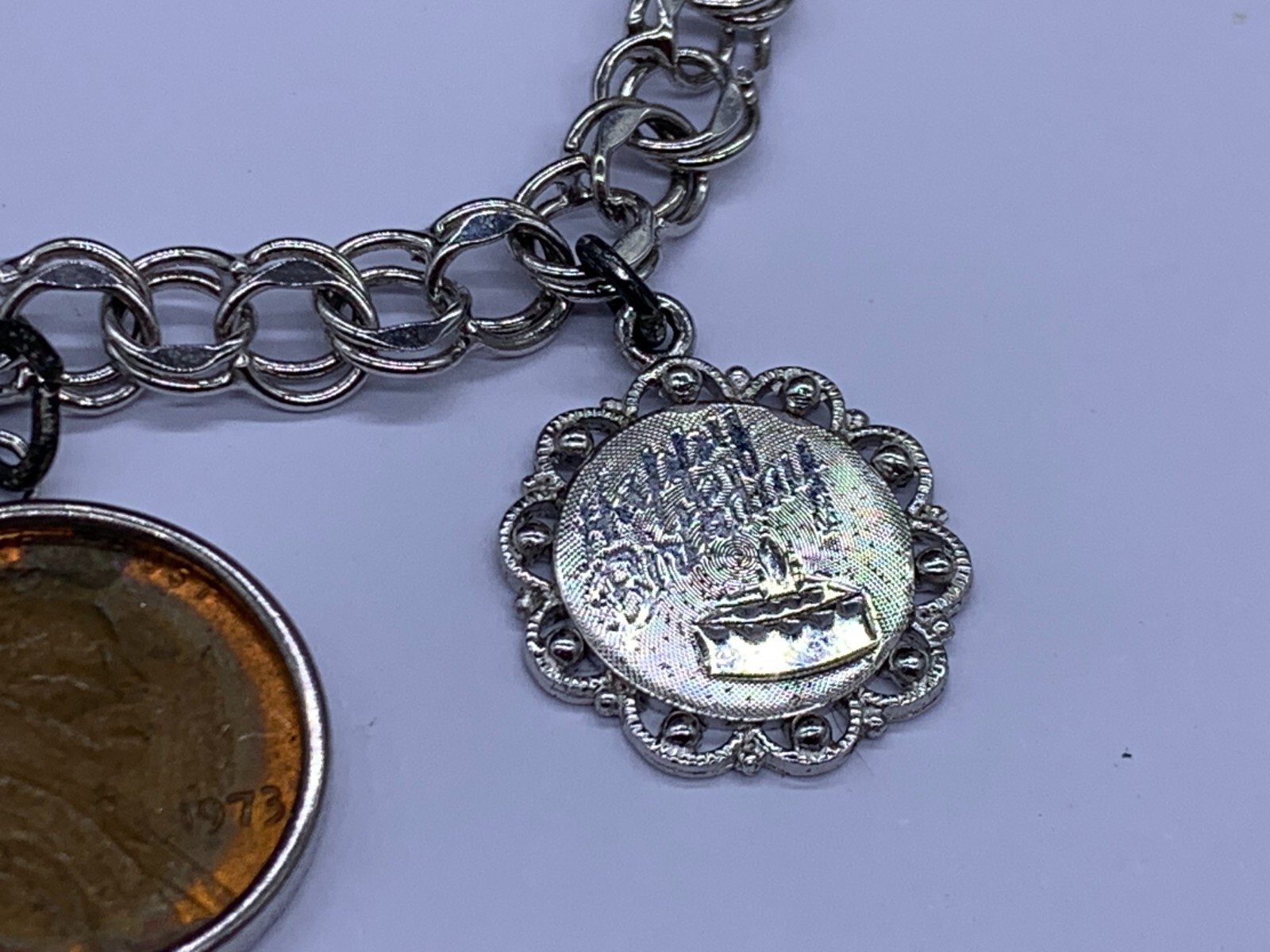VINTAGE STERLING SILVER GEMINI MAY JUNE HAPPY BIRTHDAY COIN CHARM BRACELET