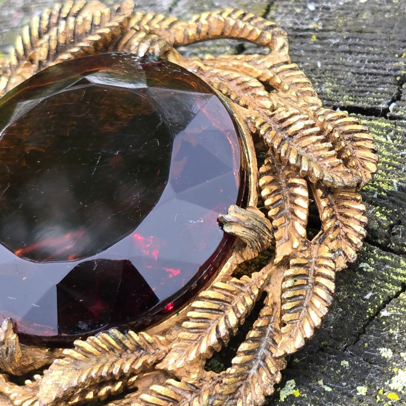 Vintage Amber Glass Brooch Gold Tone Botanical Fern Statement Pin boho Jewelry