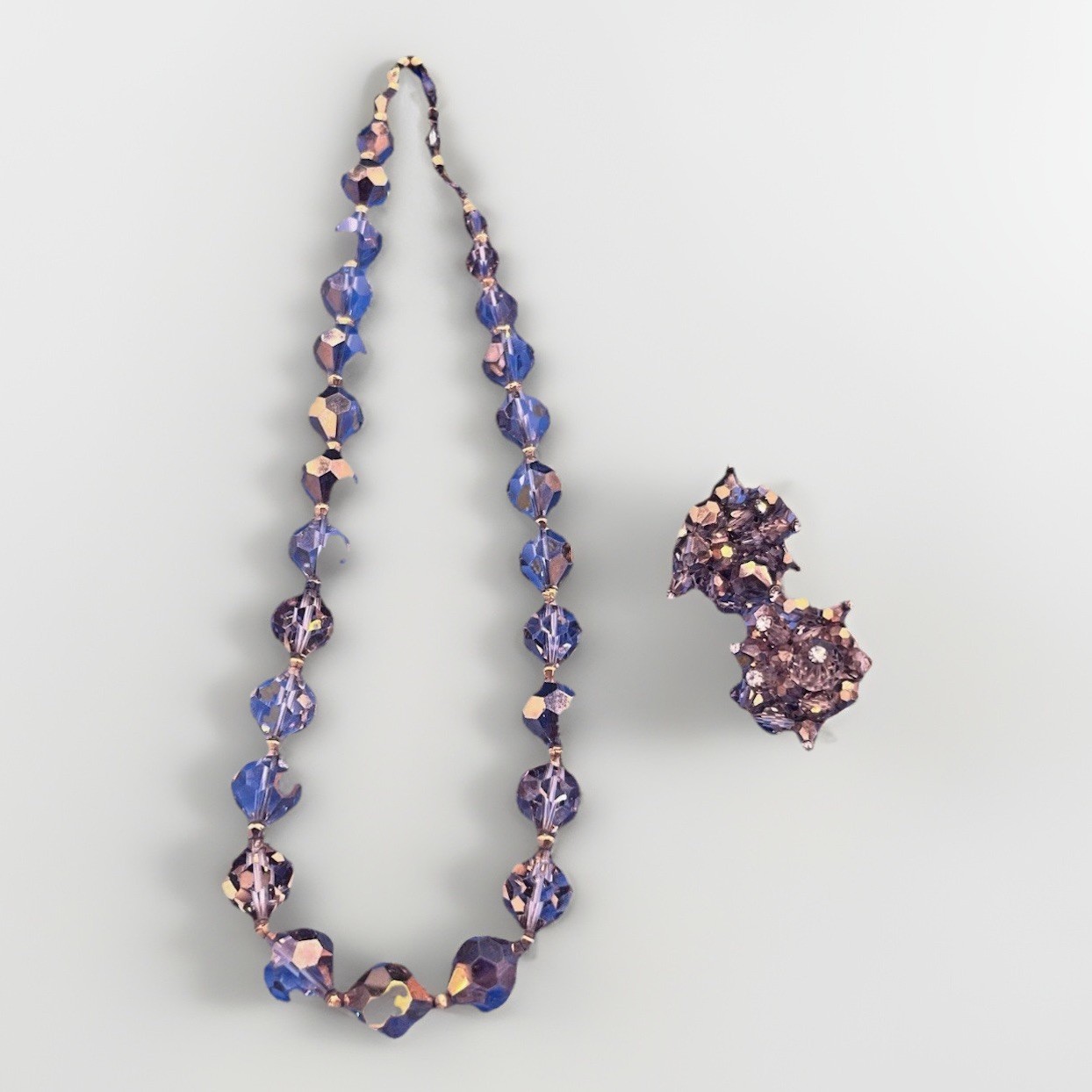 Vintage Faceted Glass Bead Necklace & Clip Earrings Set – Elegant Retro Jewelry