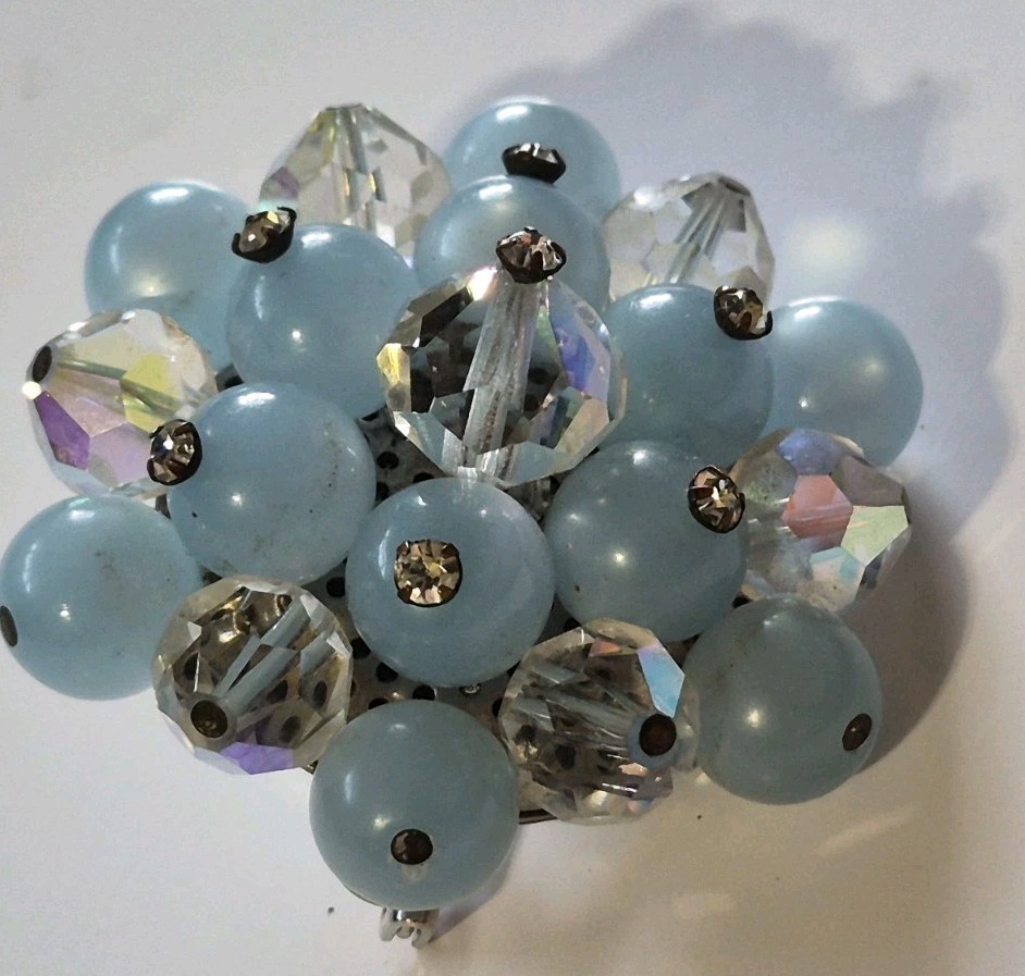 Coro/Unbranded Brooch Lof 2, Teal Blue Gold Tone Flower/Light Blue AB Cluster