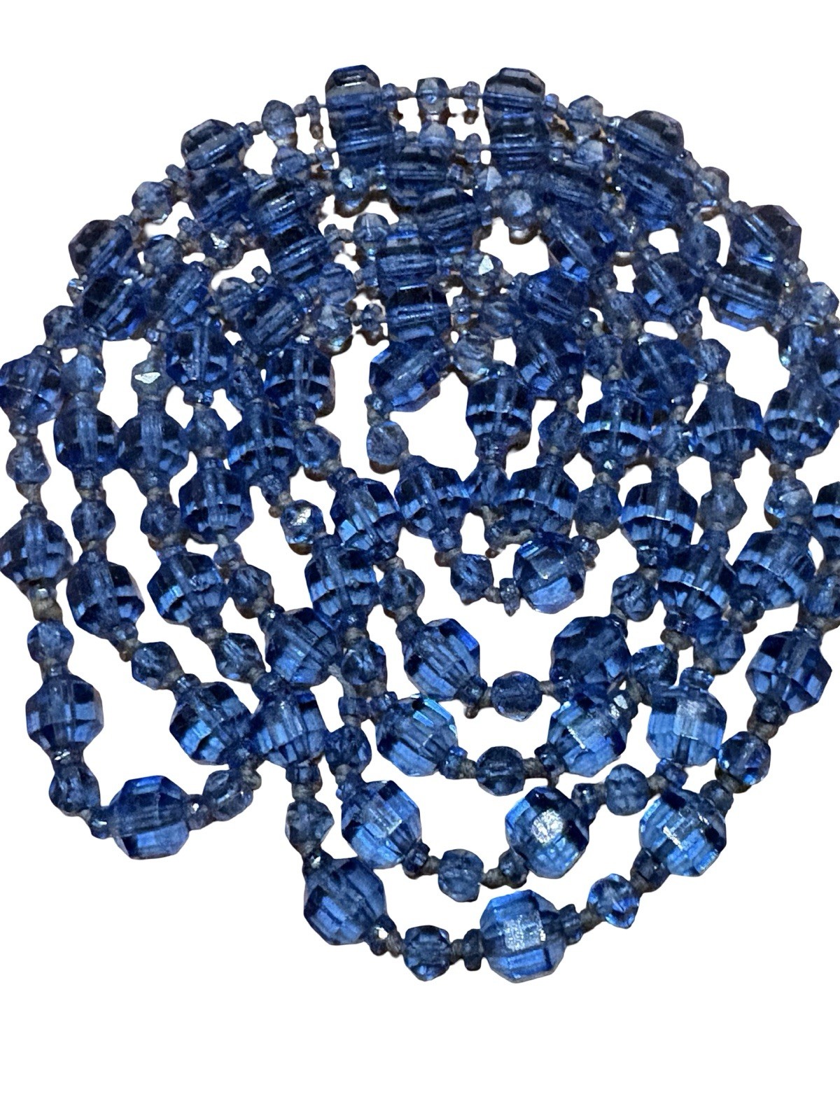 Antique 1920s Flapper Czech Glass Long Necklace Ceylon Sapphire Blue Beads 64”