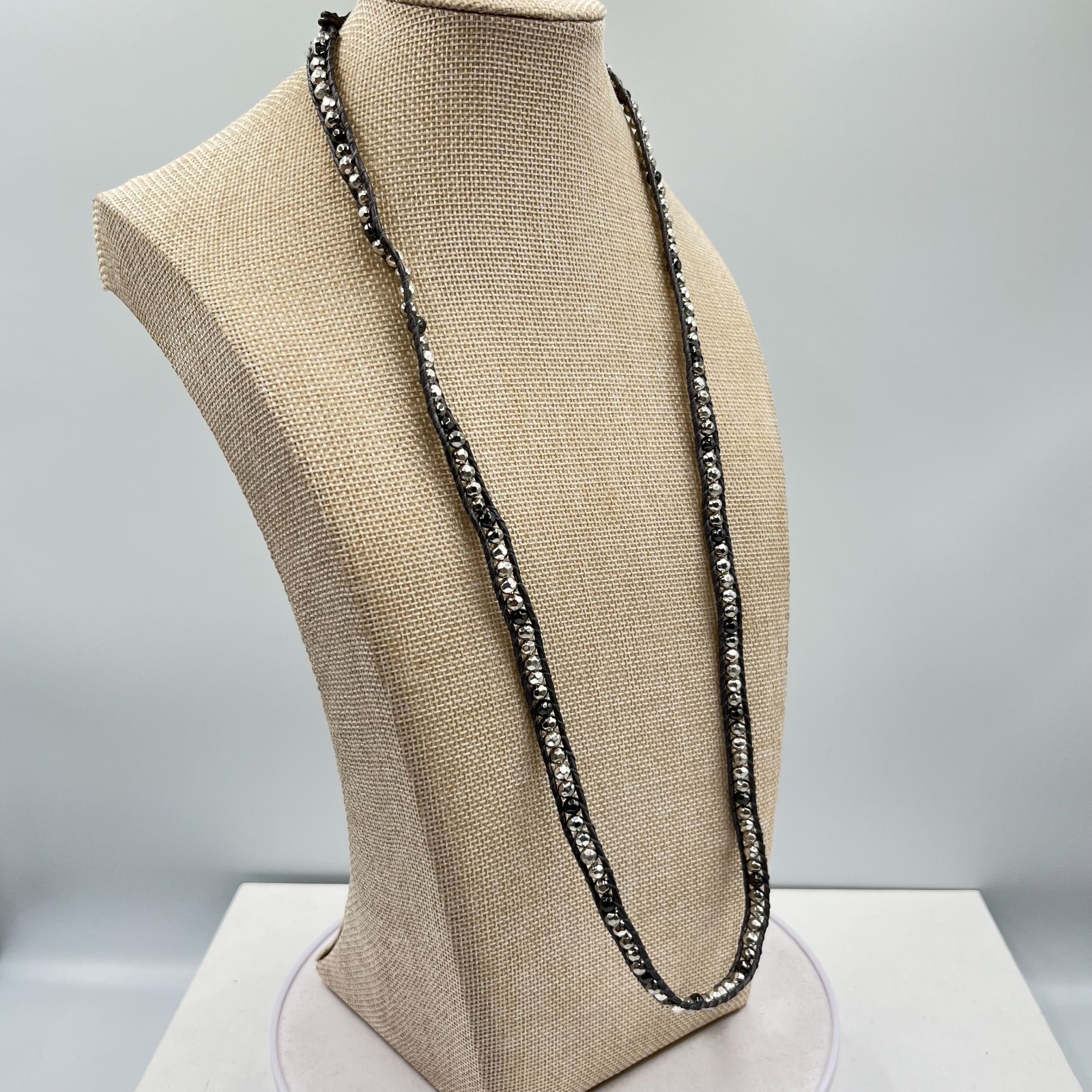 Vintage Boho Silver Mixed Bead Brown Leather Wrap Necklace Bracelet Adjustable