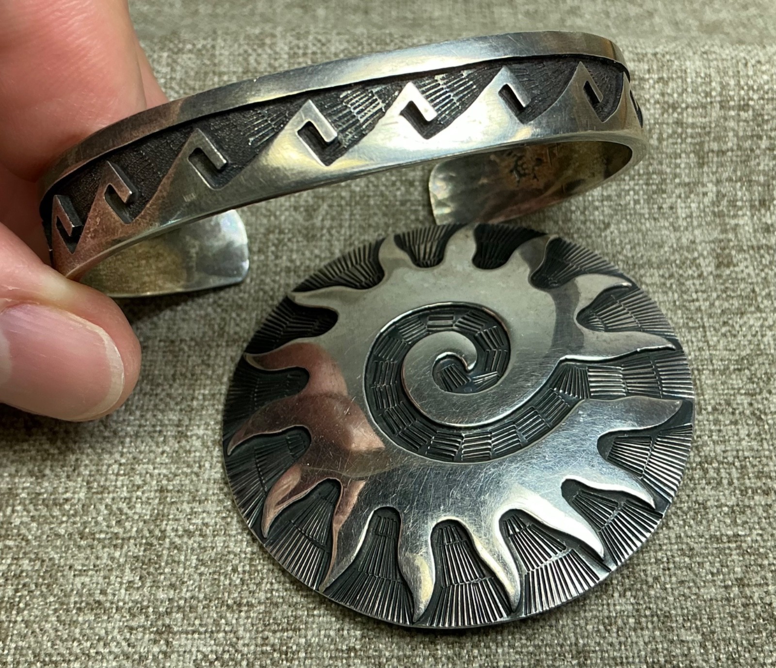 Sterling Silver Convertible pin/ pendent & Sterling Cuff bracelet, 49 Grams
