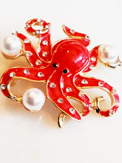 ENAMELED OCTOPUS BROOCH/PENDANT!Red Enameled,Clear Crystals,White Fantasy Pearls
