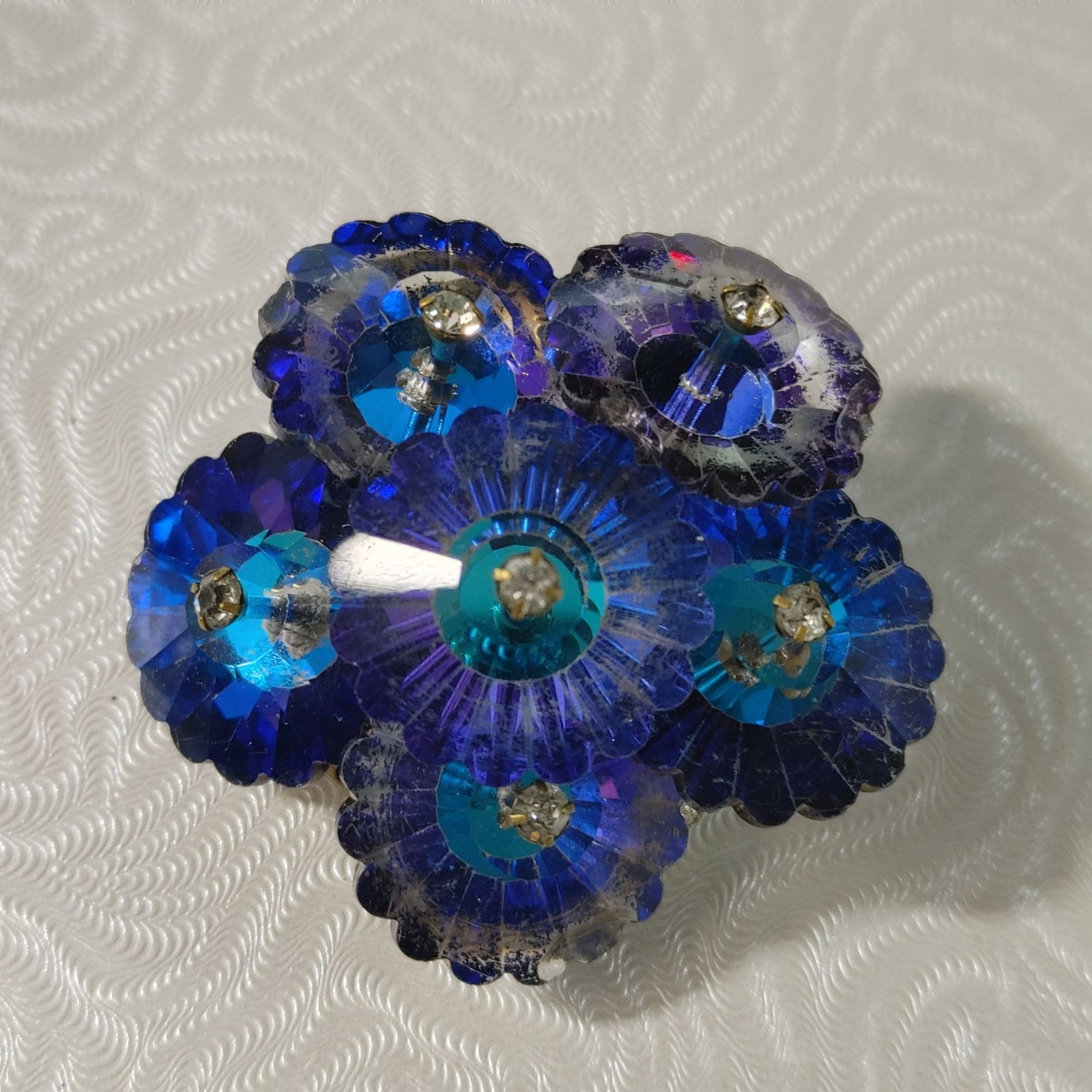 Bouquet Brooch Pin Vintage Rivoli Blue Faceted Floral Design Rhinestone Accents