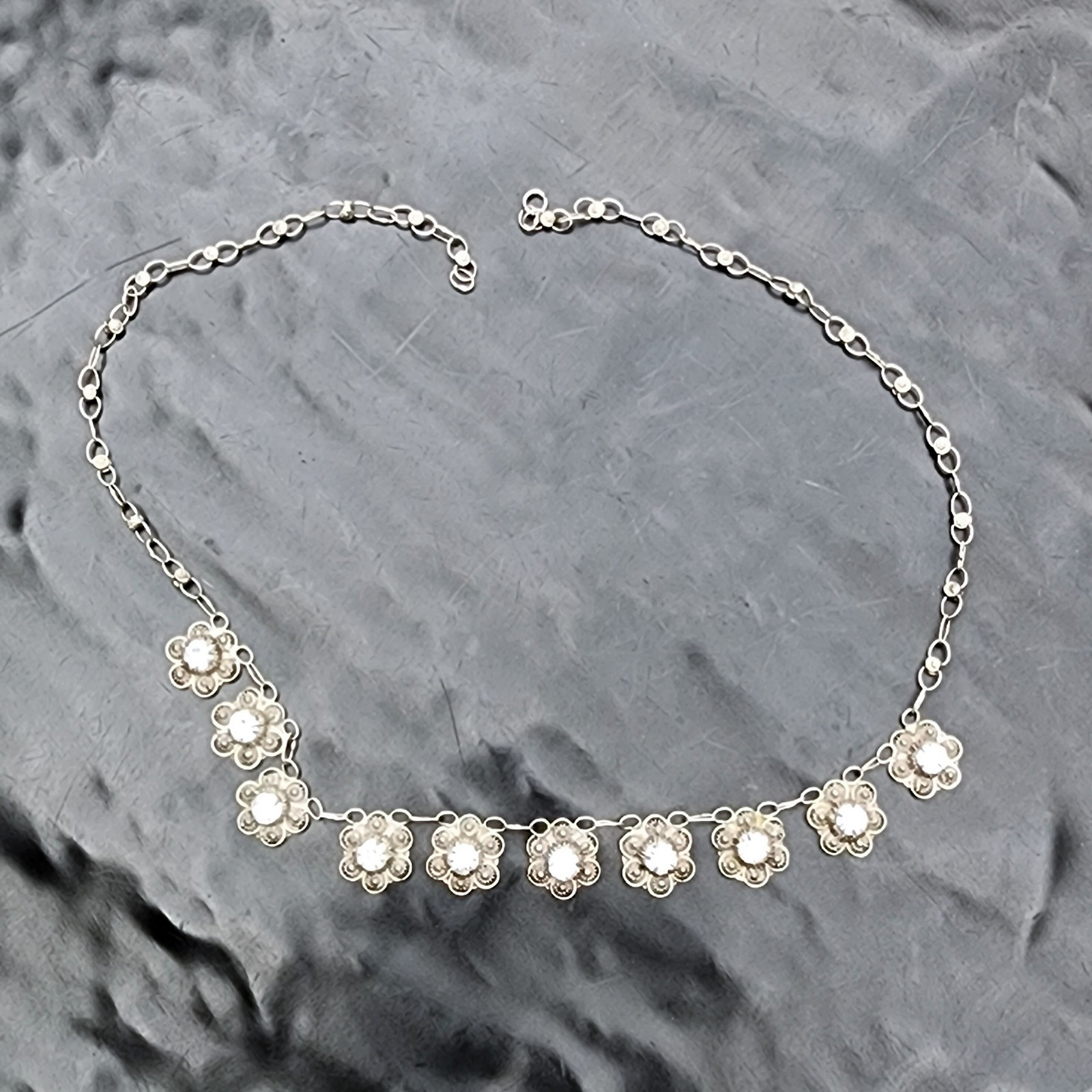 NO CLASP Sterling Silver 925 Filigree Flower Crystal Choker Collar Necklace 15IN