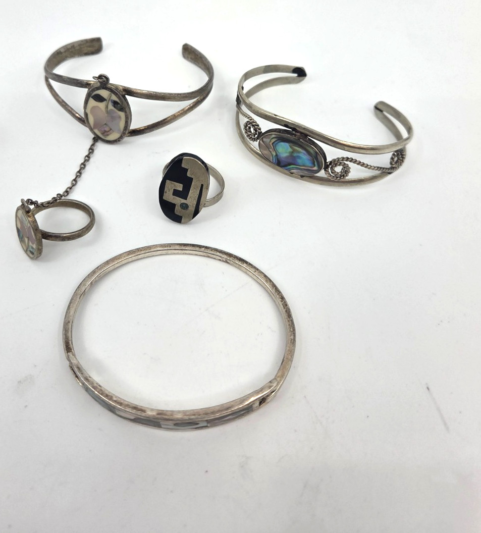 Vintage ALPACA Silver Inlaid Abalone & MOP Bracelets, Ring,& Bracelet Ring 6pc
