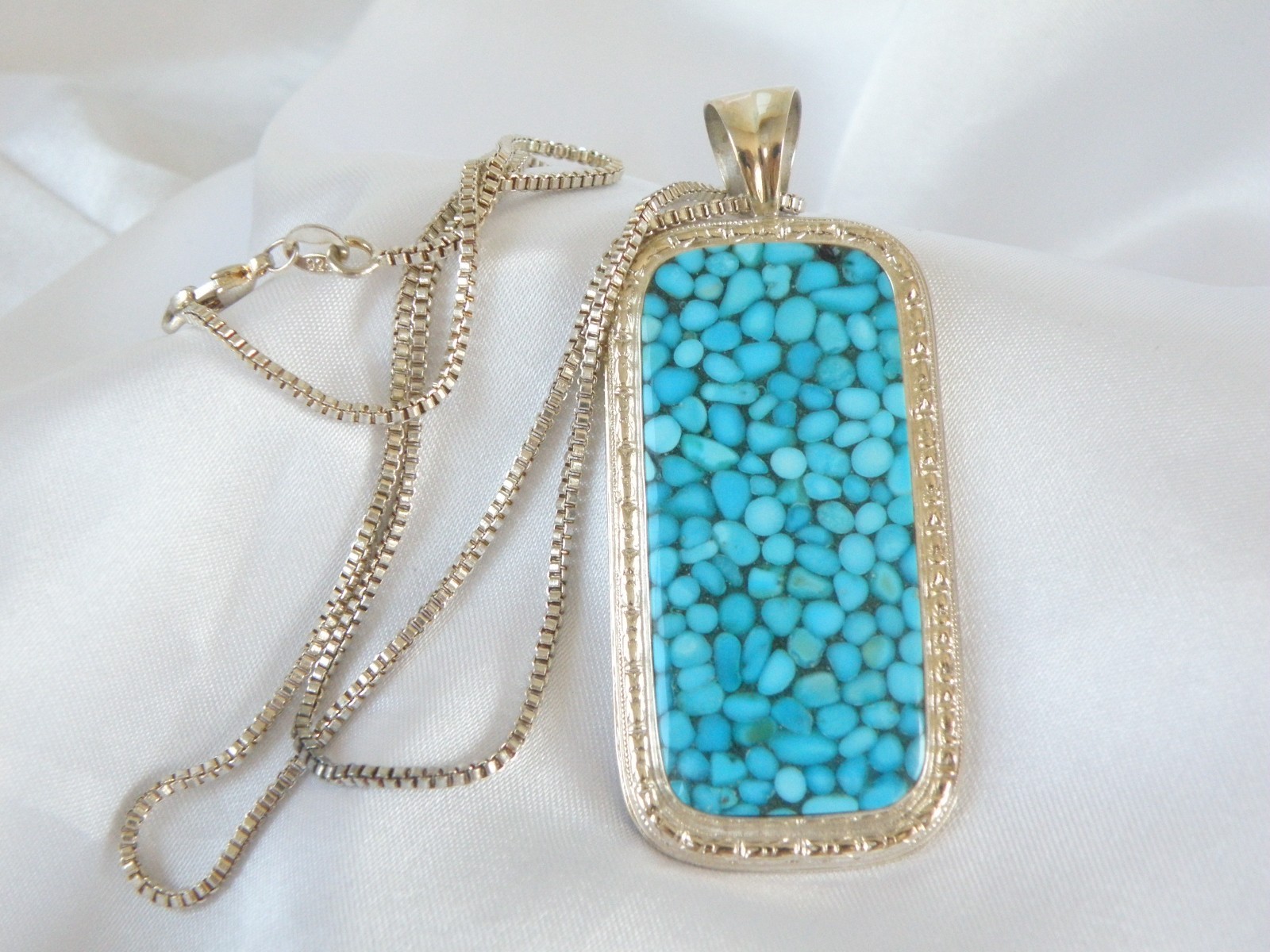 Huge Sterling Silver 925 Large Mosaic Turquoise Statement Pendant Necklace