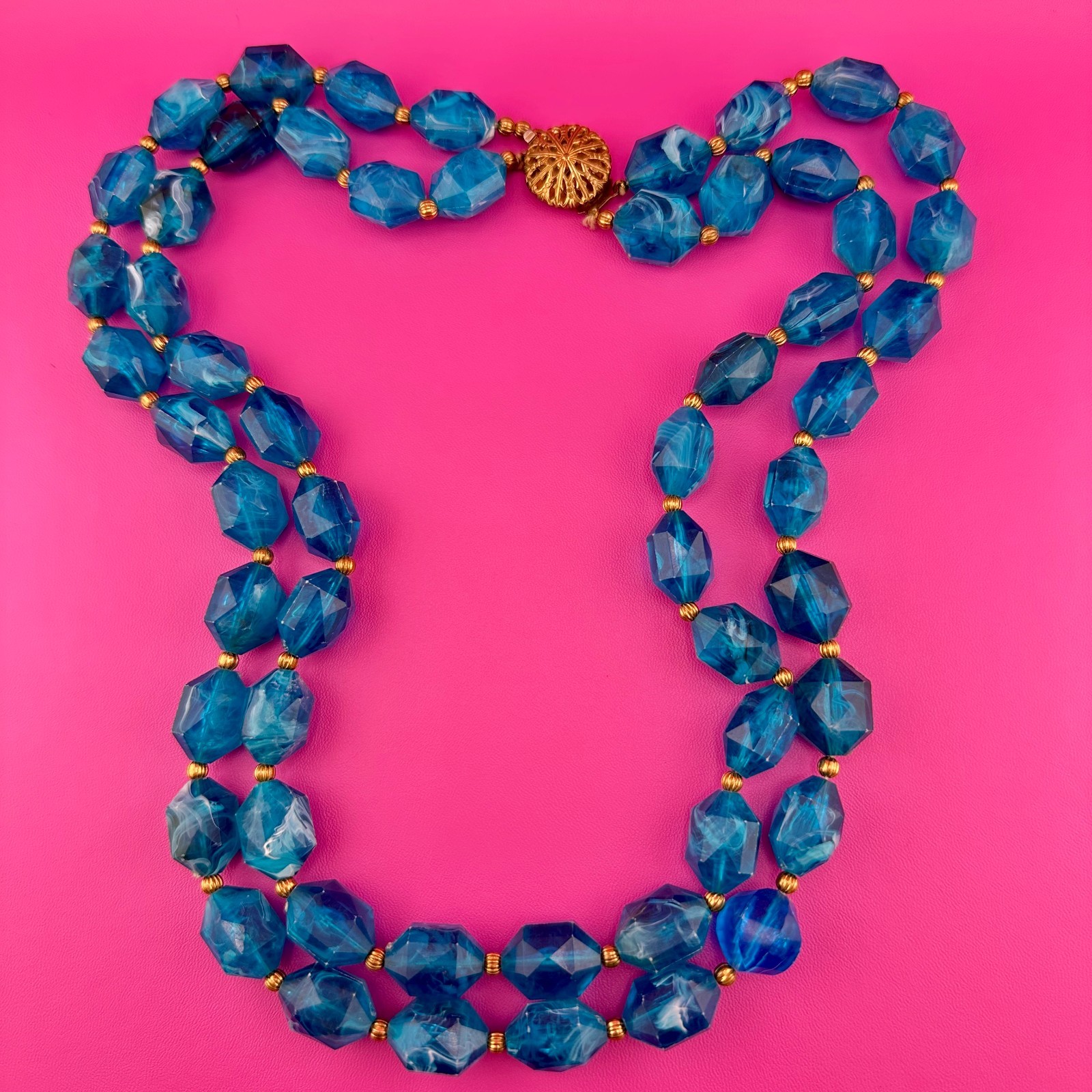 Vintage Necklace Aqua Blue Marbled Acrylic 2 Strand Filigree Clasp Faceted Bead