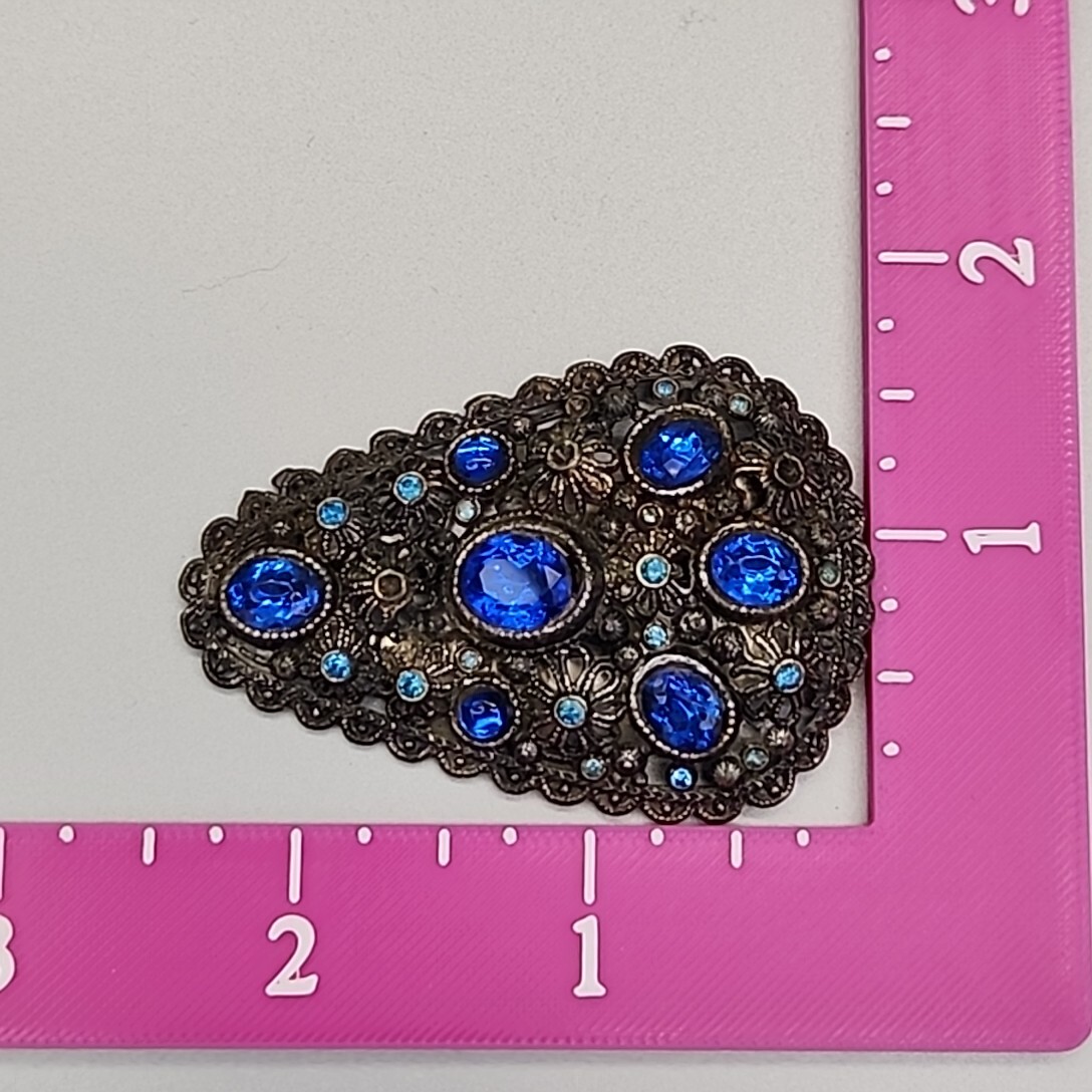 Vintage Dress Clip New England Glassworks Blue Rhinestones 2 3/8″