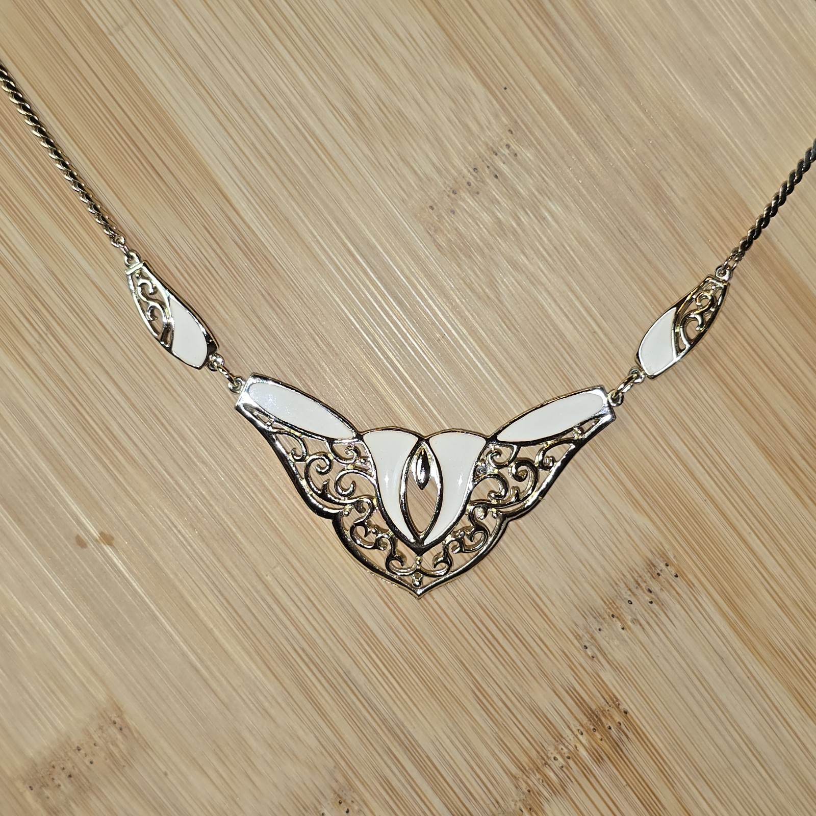 Vintage DeMilo Ivory Enamel Filigree Bib Necklace Statement Collar Art Nouveau