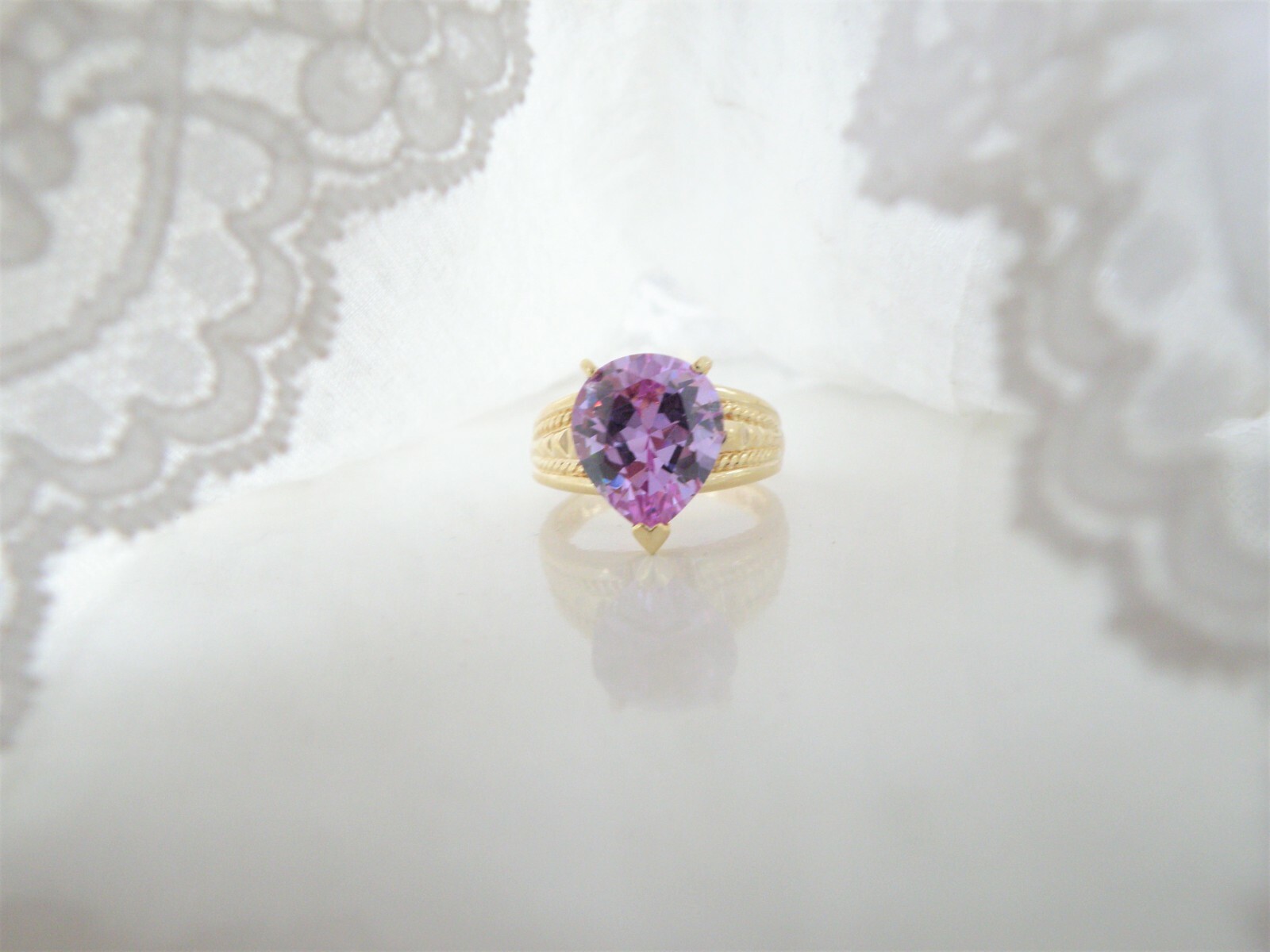 Vintage Sterling Silver 925 Gold on Pink Purple CZ Large Ring Size 10