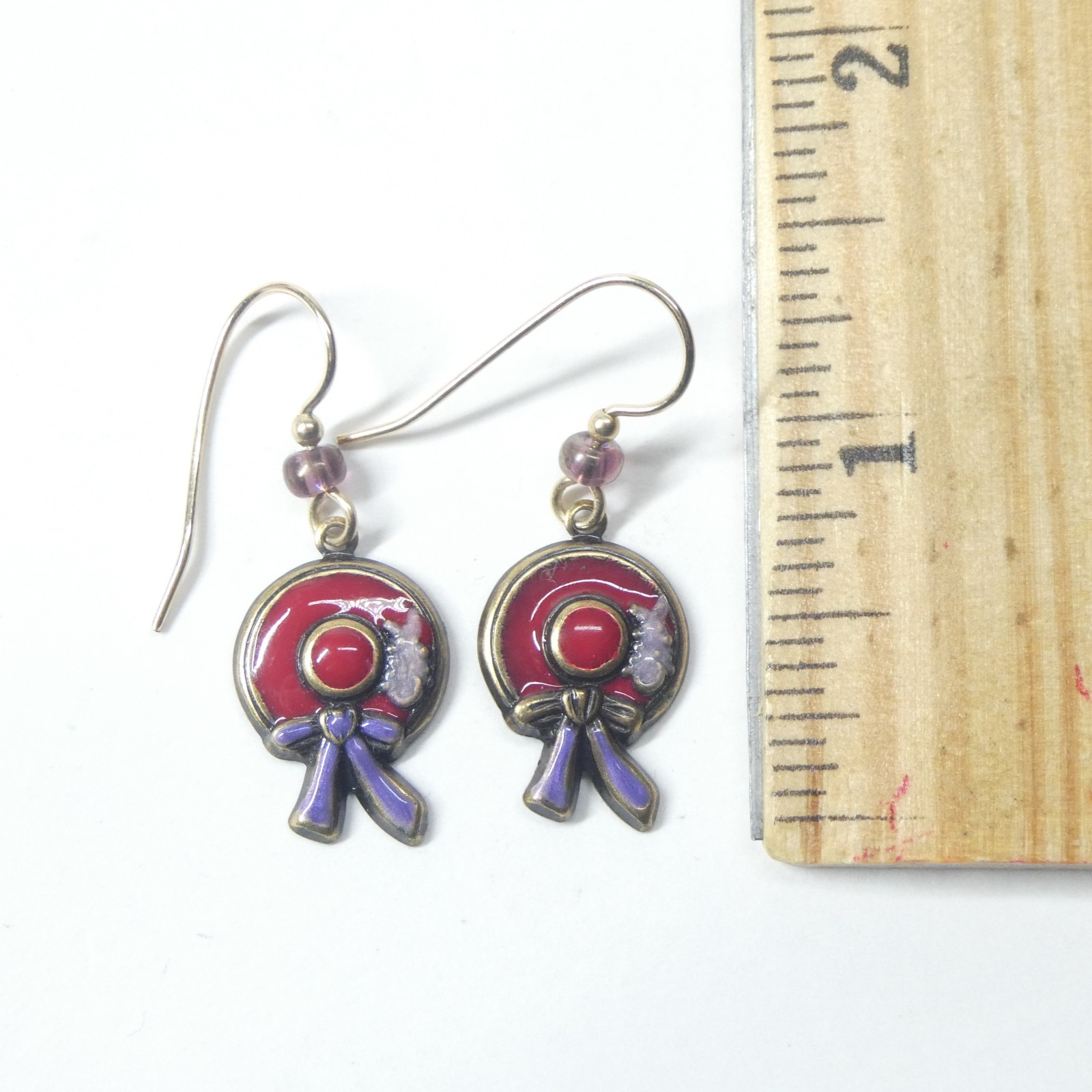 Red Hat Society Enamel Dangle Earrings w/Purple Ribbon