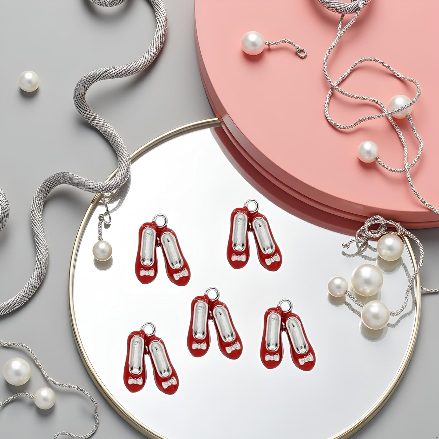 5 Pcs Red Shoe Charms – Silver Alloy Tone Enamel Beading Supplies
