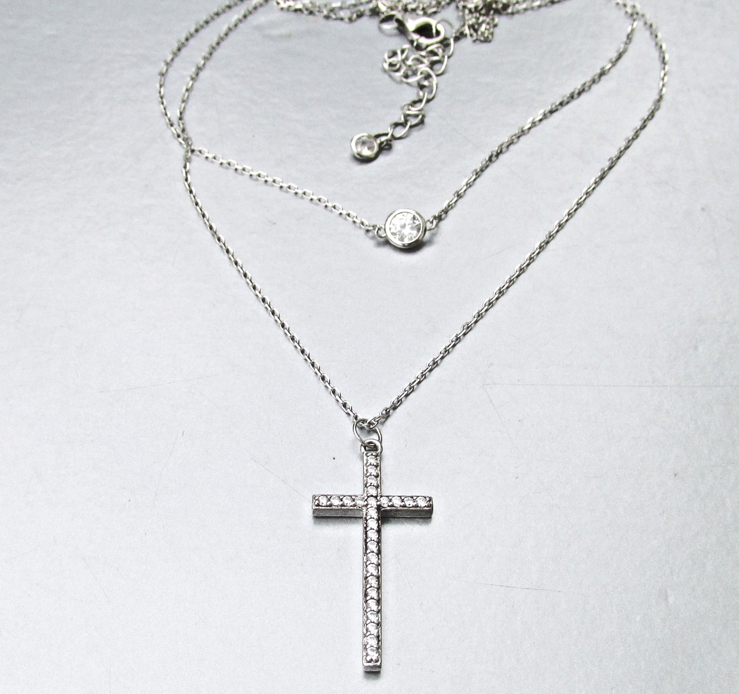 Vintage 2 Strand Sterling Silver CZ Cubic Zirconia CROSS Pendant Necklace