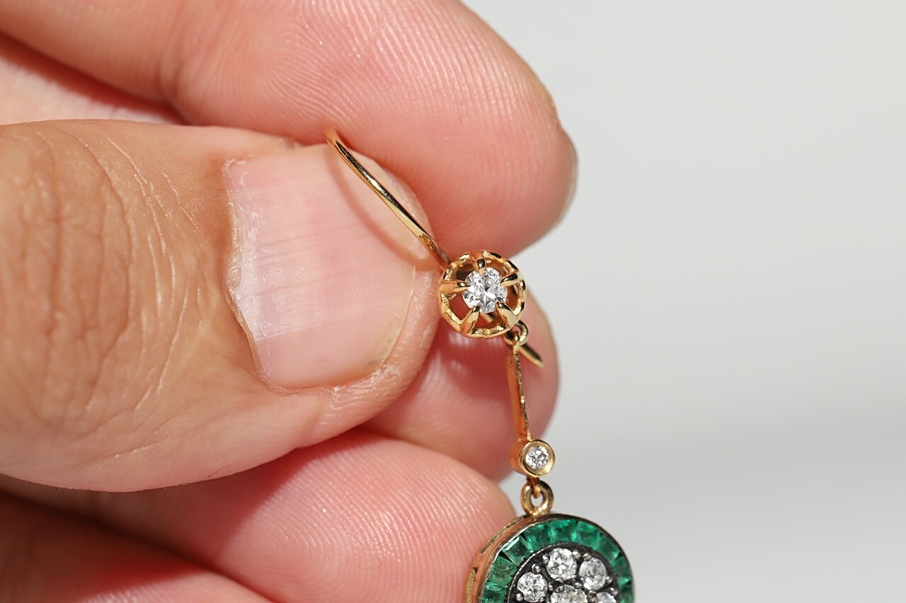 New Made 14k Gold Natural Diamond And Caliber Cut Emerald Decorated Earring