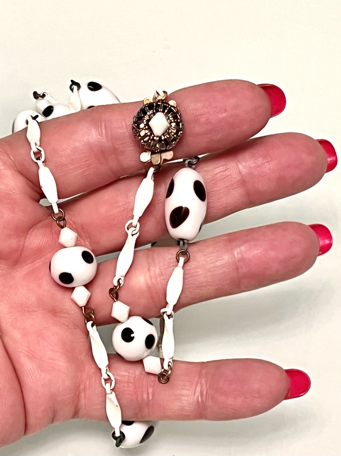 RARE VNTG. MURANO GLASS~BLK&WHT DOTS~ENAMELED BAR LINK STATION NECKLACE ~28”