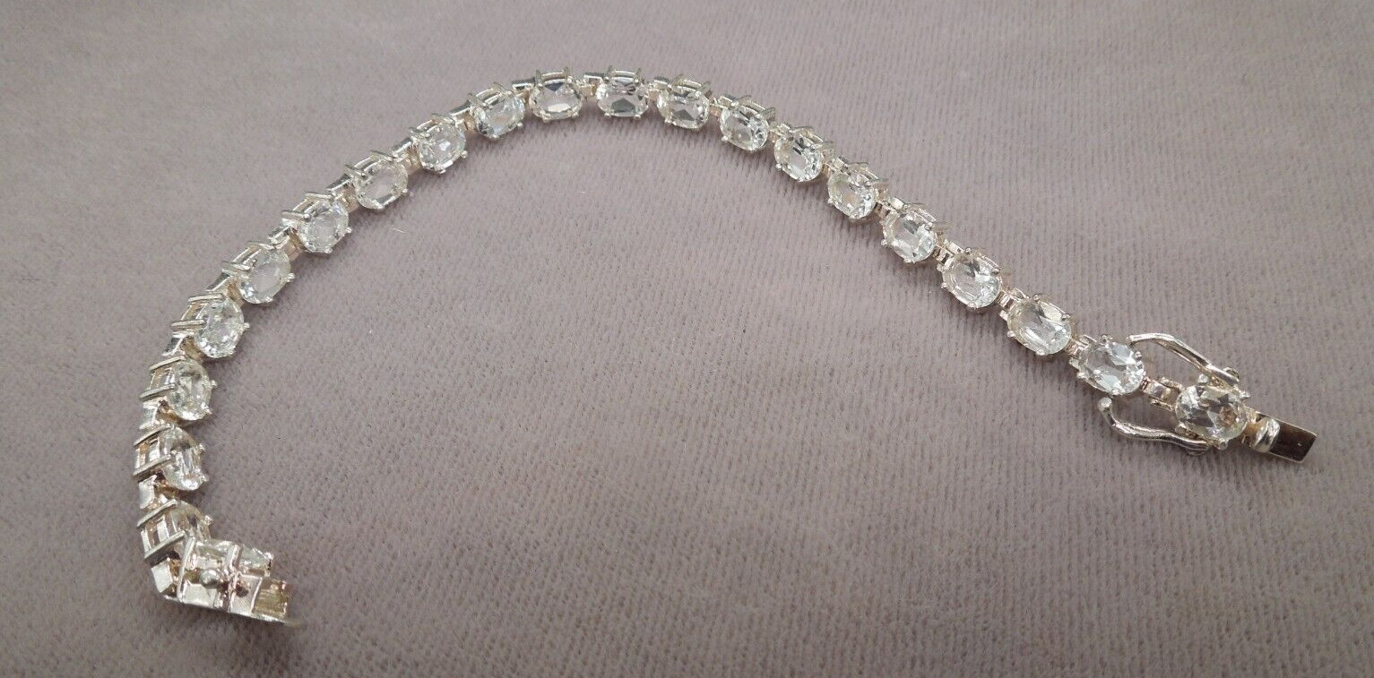 Vintage Sterling Silver Faceted Oval Clear White Topaz Tennis Bracelet 8″