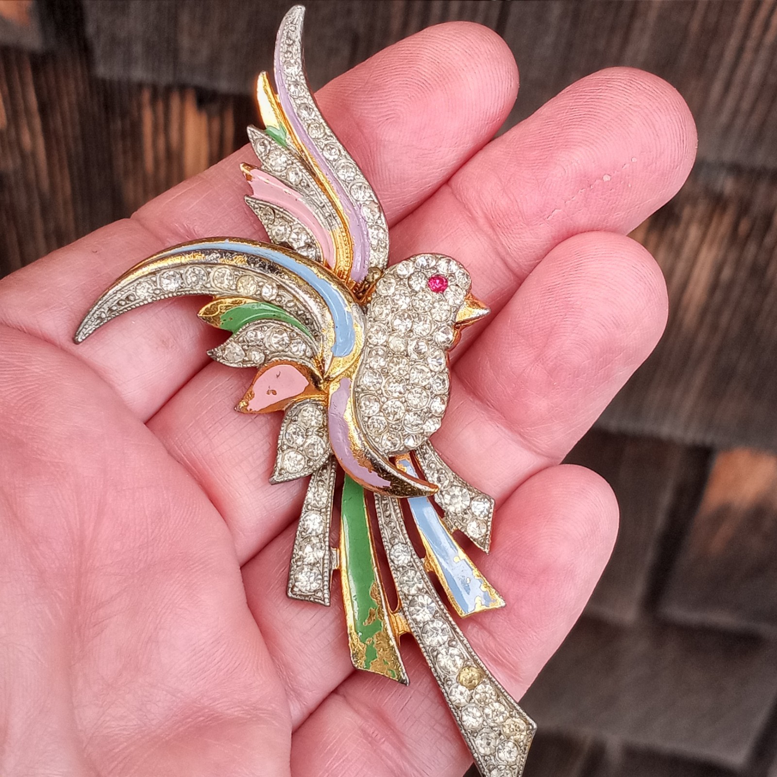 Vtg Coro? Clear Red Rhinestone Pink Blue Enameled Green Paradise Bird Brooch Pin
