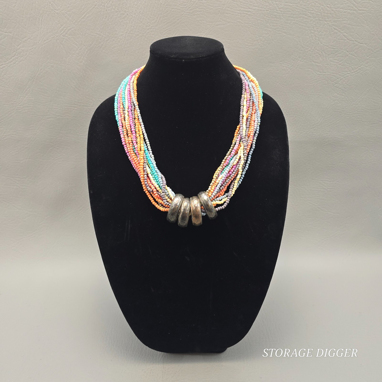 Vintage 19 Strand Multicolor Glass Beaded with Big Metal Rings Necklace 24″ Long