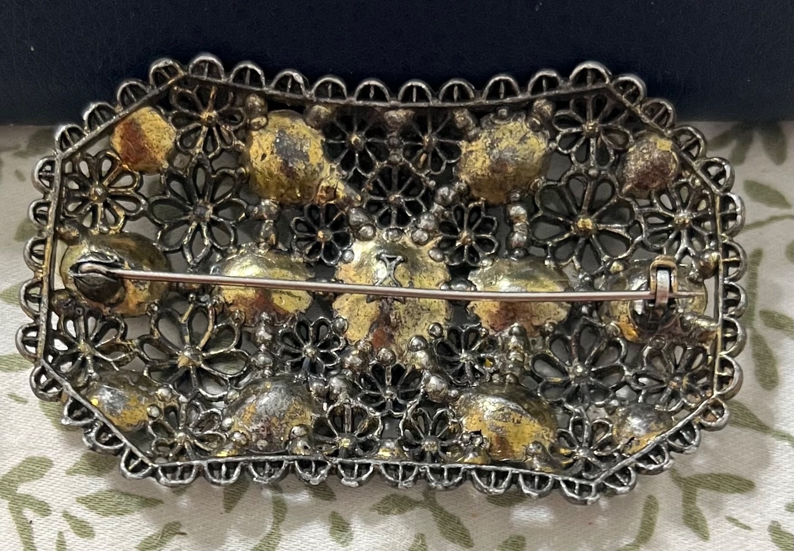 Vtg 1940s New England Glass Works Brooch Pin Floral Design Faceted Stones ~3″L