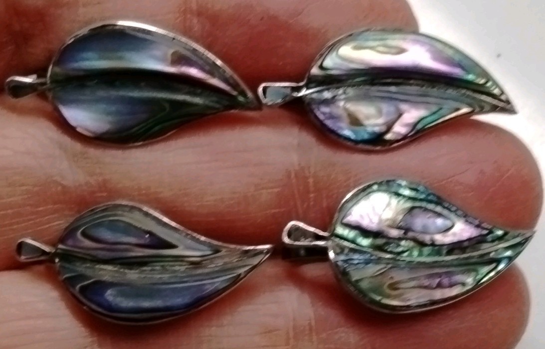 Sterling Silver 925 Abalone Shell Leaf Screw-On Earrings Signed Cuernavaca, Mex