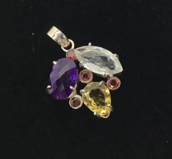 Sterling Silver Multicolor Precious Gemstone Vintage Pendant