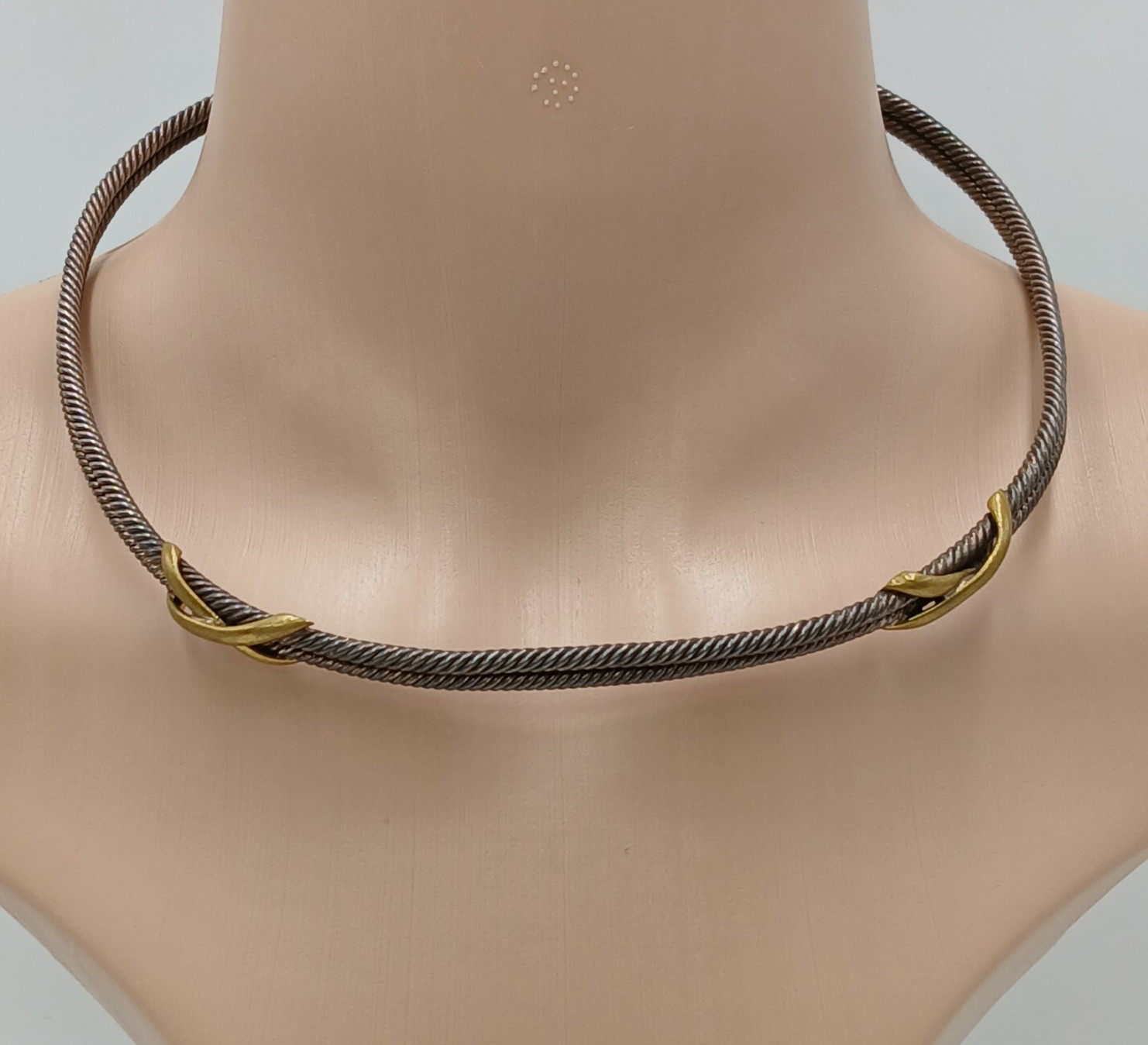VTG 925 Taxco Mexico Heavy Cable Choker Necklace 61g Two Tone Accent End Caps