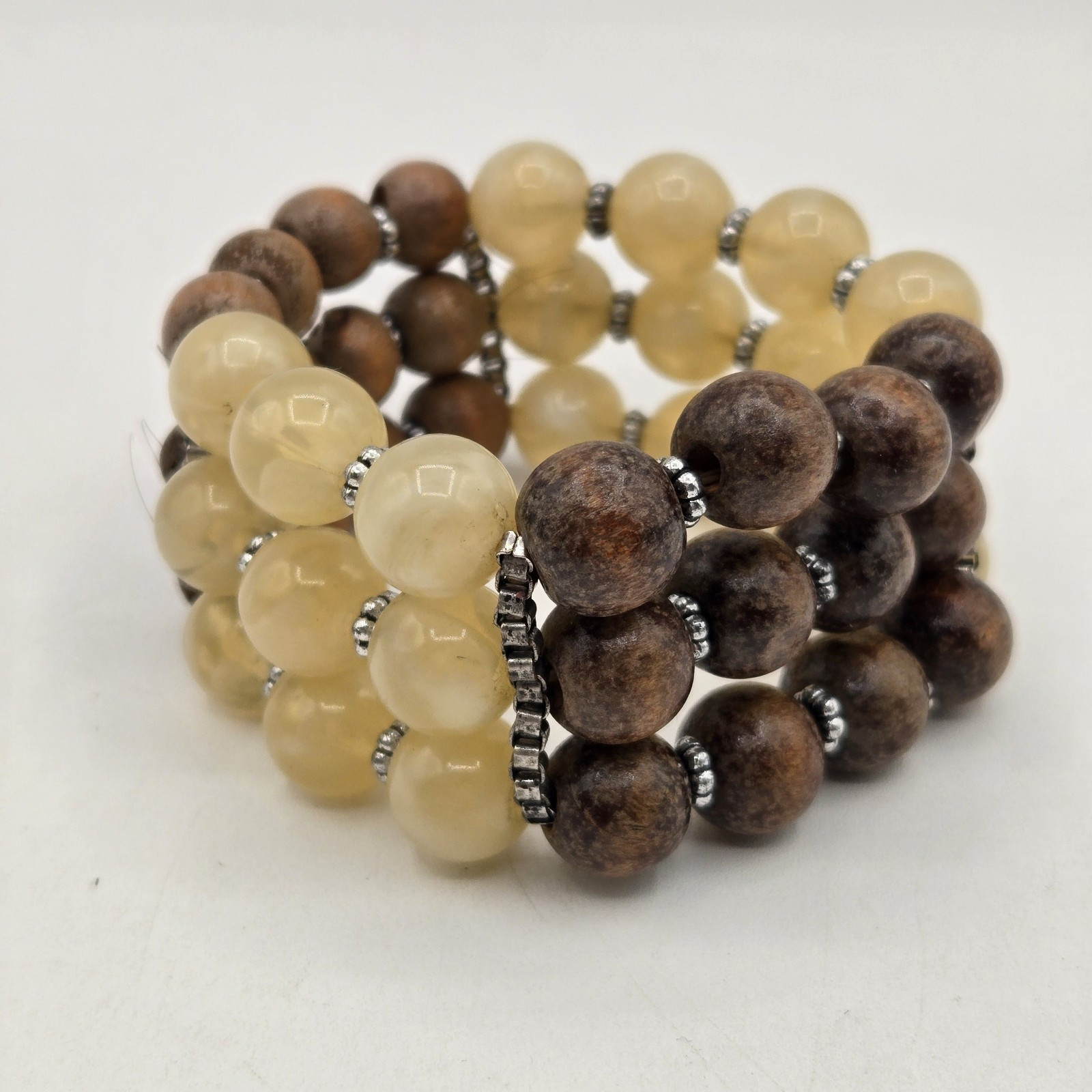 VTG Three Strand Wood and Lucite Beaded Stretch Bracelet Silver Accents
