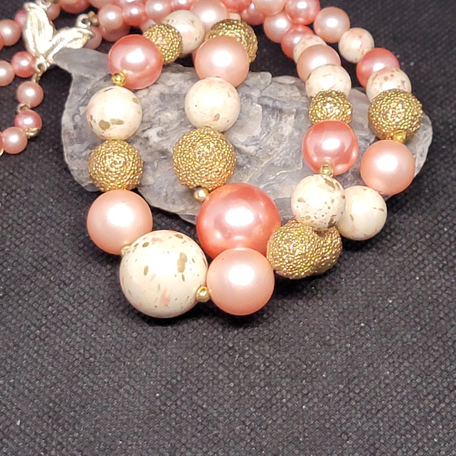Vintage Pink Multi Strand Beaded Necklace Earrings Set Gold Tone READ