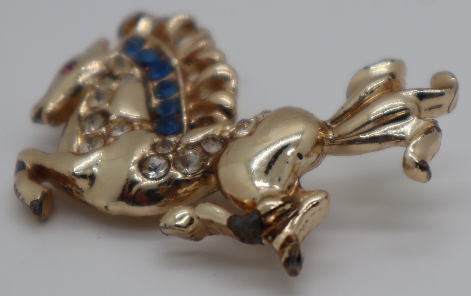 Vintage Figural Carousel HORSE Brooch Pin MCM Blue, Clear, Red Stones Gold tone