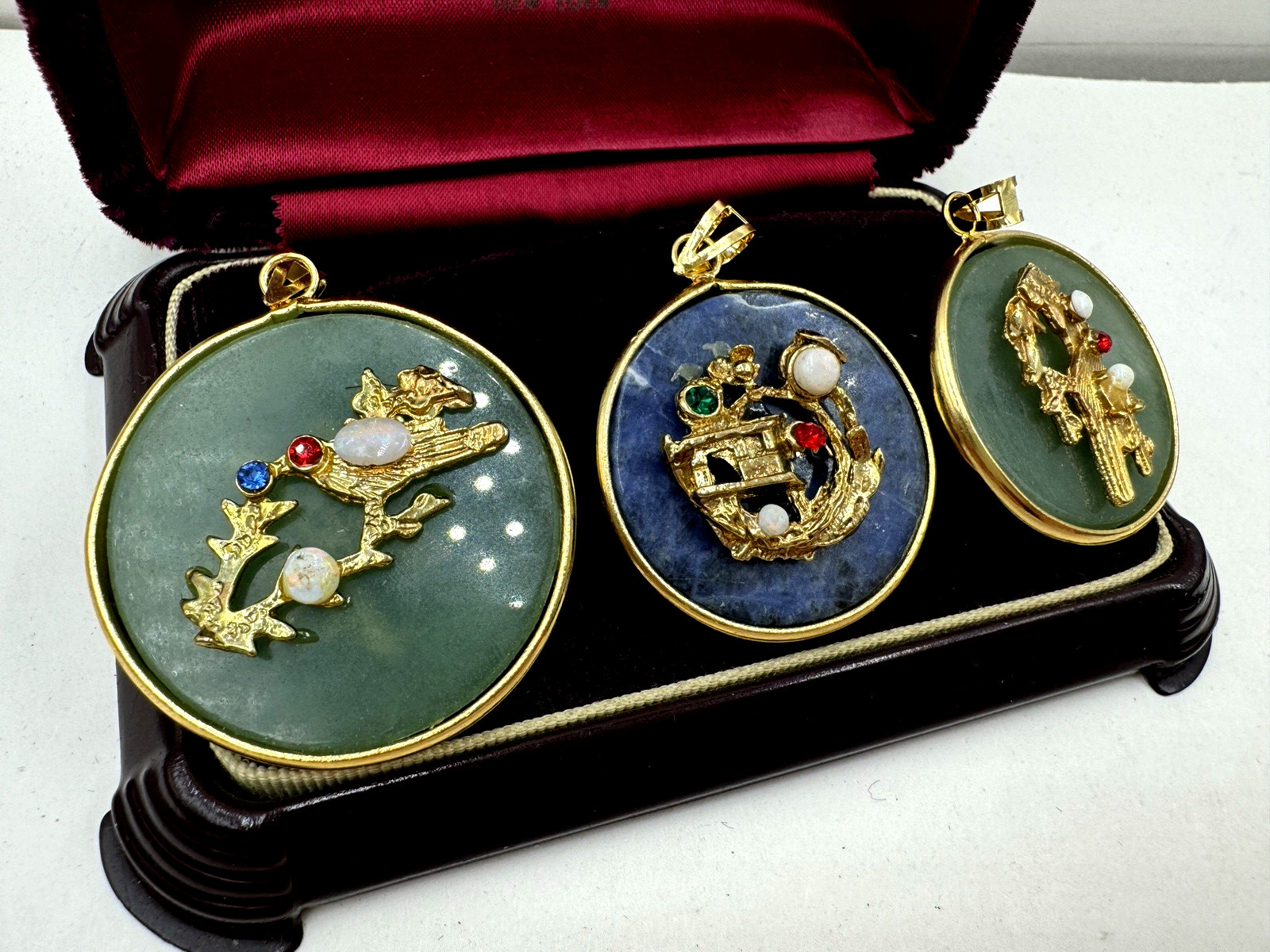 BIRD PENDANT ROUND CHINESE Semi Precious Gemstone NEW OLD VNTG LAPIS AVENTURINE