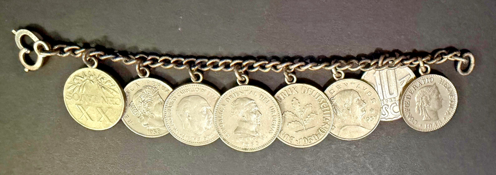 Vintage Foreign Coin Bracelet – 8 Coins – Circa 1950’s – 6″