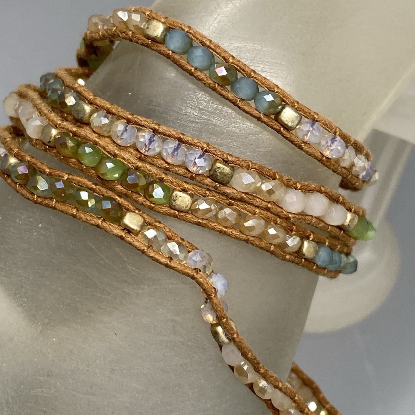 Premier Designs Wrap Brown Cord Bracelet Multicolor Glass Tension Beads Boho