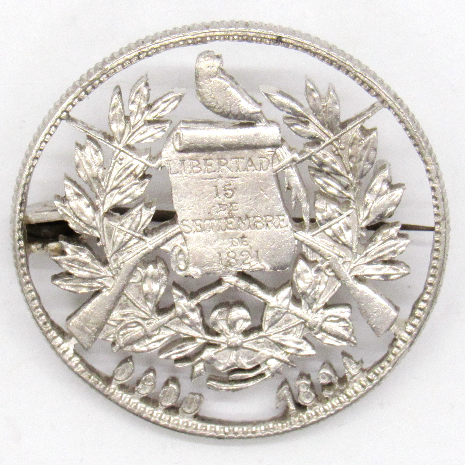 VINTAGE STERLING SILVER 0900 1894 LIBERTAD GUATEMALA ROUND MEDAL PIN BROOCH