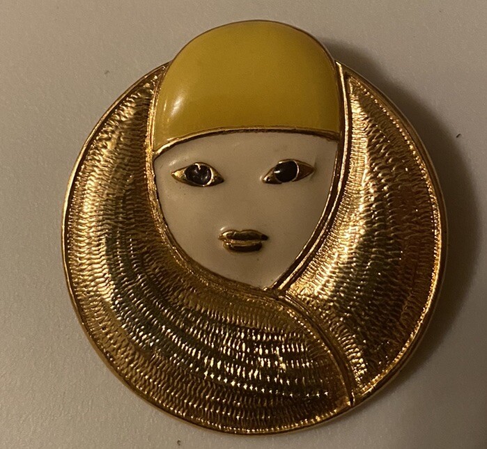 Vtg Signed Orena PARIS Retro Enameled Art Deco French Woman Gold Tone Brooch Pin