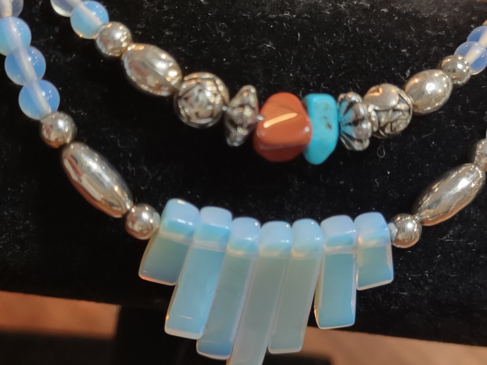 Fringe Moonstone Liquid Silver Layered Necklace Turquoise Coral Beads 18″