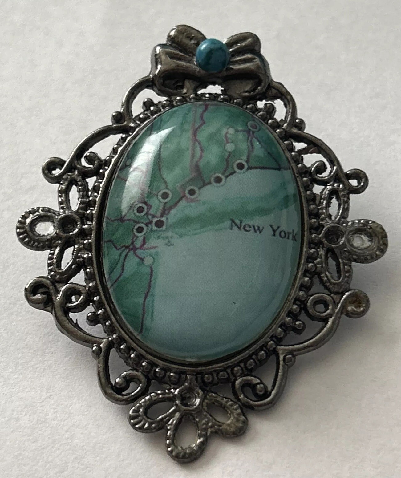 VINTAGE Silver Filagree New York Brooch Pin W Street Map Almost 2” Long Unique