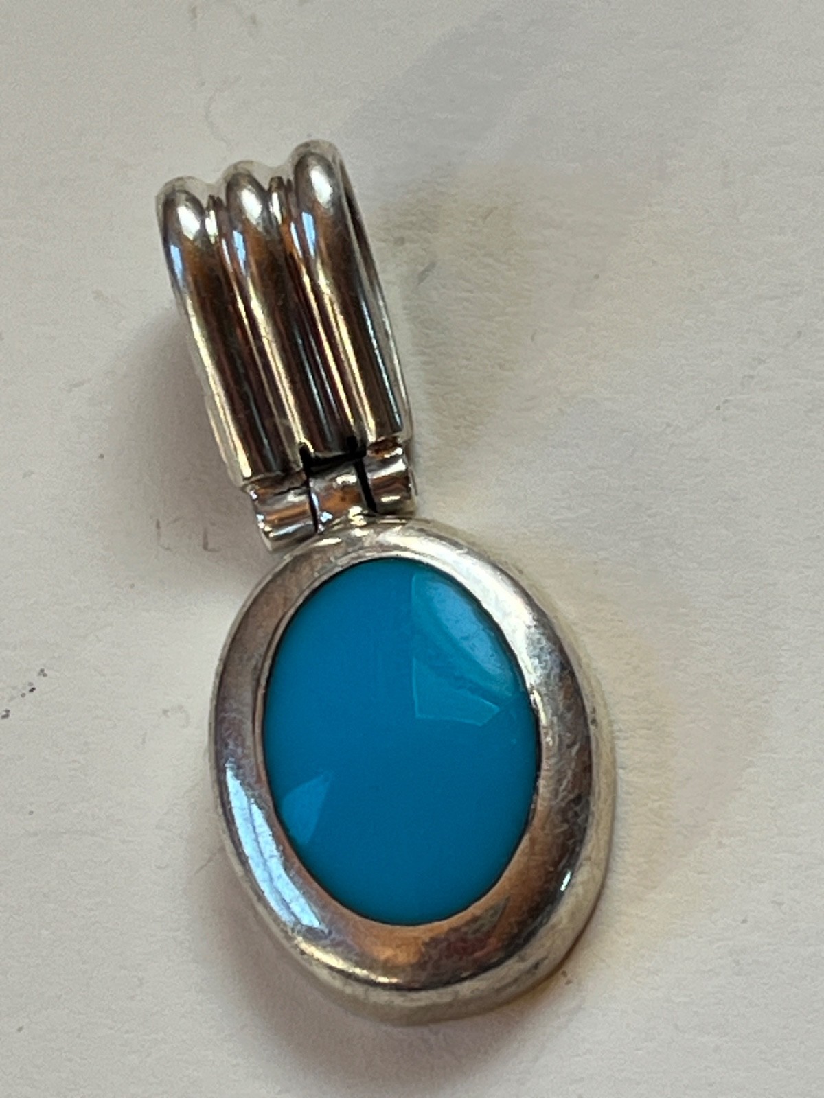 Turquoise Enamel in Oval Mexico 925 Silver Frame Pendant – about 1 and 3/8th’s x