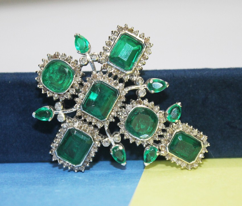 4.50ct Rose Cut Diamond Victorian 925 Sterling Silver Emerald Cross Pendant