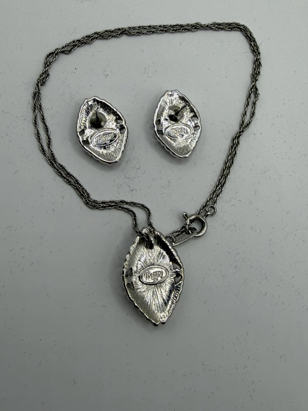 Trifari Blue and White Cameo Pendant Necklace And Earrings on Silver Tone Chain