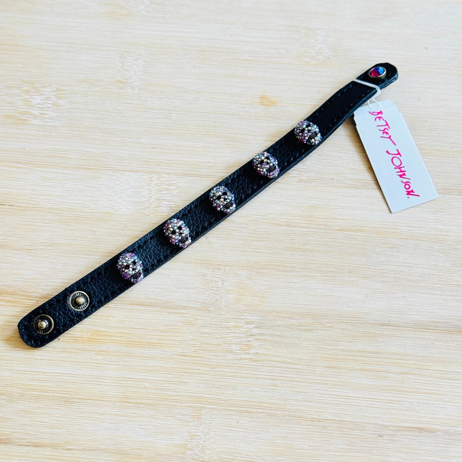 Betsey Johnson Skull Vegan Leather Bracelet WhimsyGoth Goth Punk Rhinestone NWT
