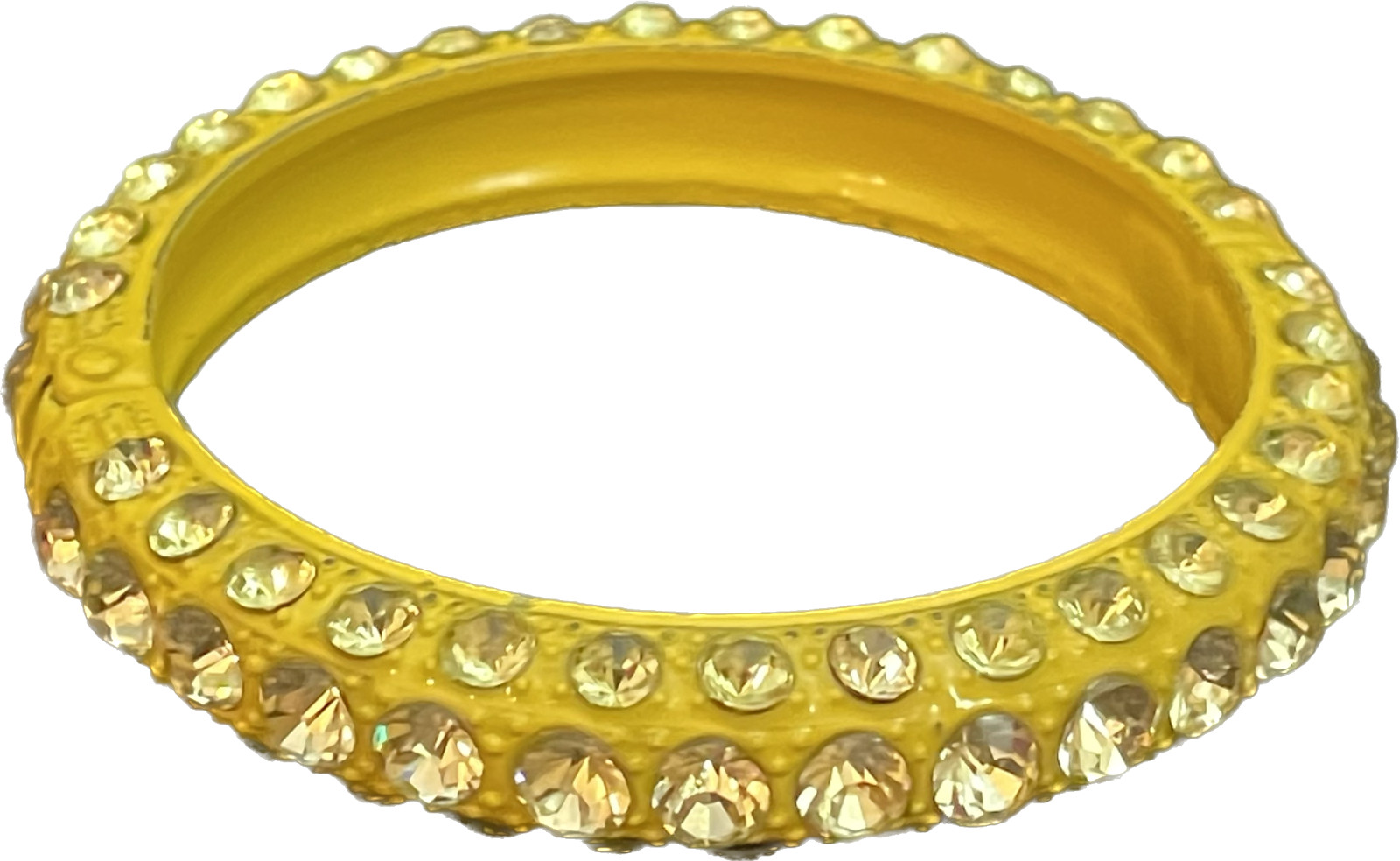 Bracelet Bright Yellow Painted Metal Hinged Heavy Multiple Rhinestones Retro