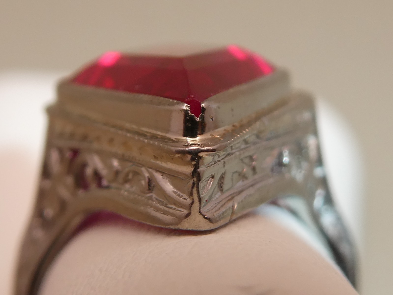 Antique Lozenge Shape of Period Syn. Ruby 18k Filigree Ring Size 5.5. 5.8g L59