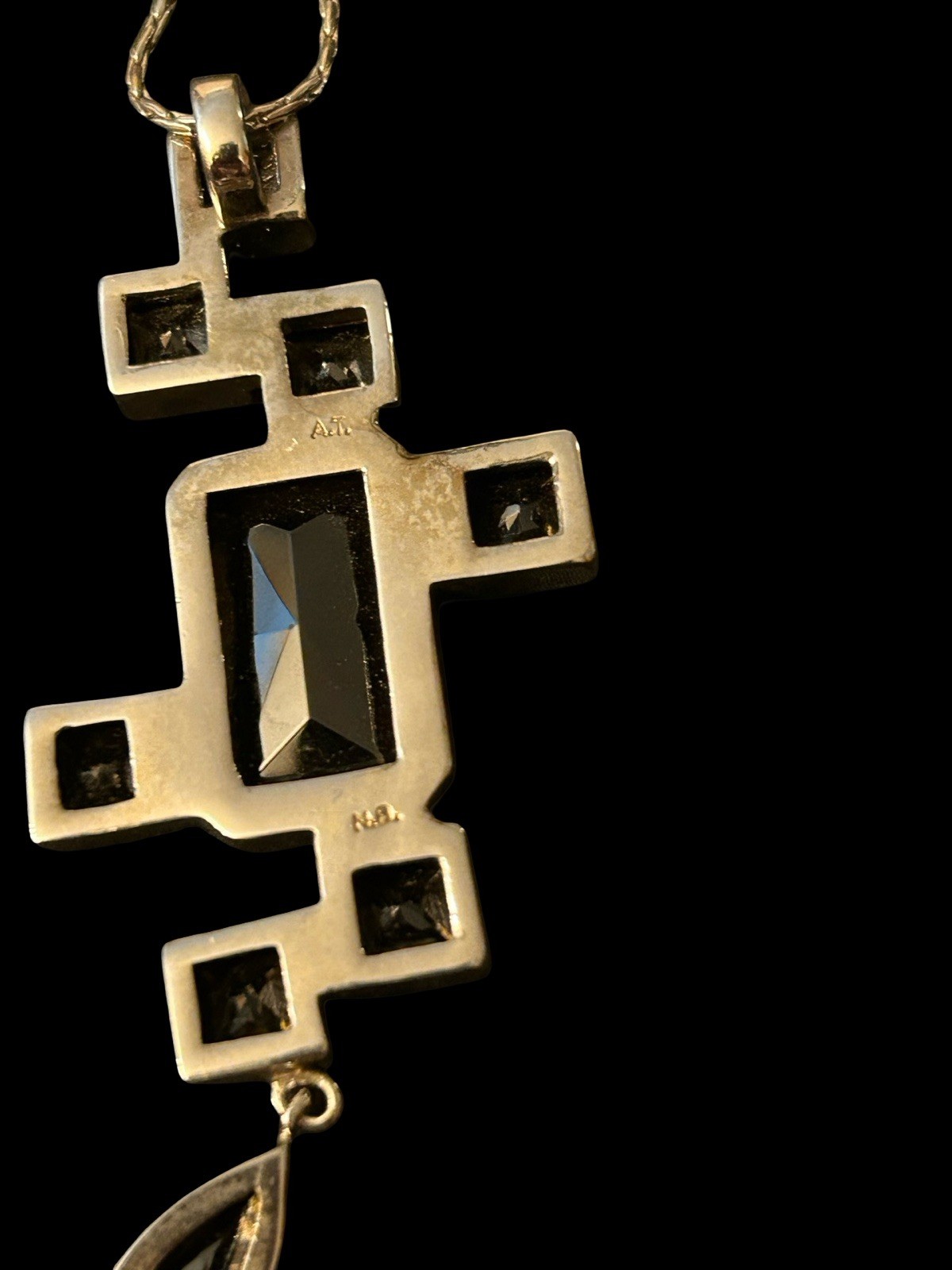 Vtg Onyx Geometric Bold Brutalist Pendant Statement Necklace Marked A.T. N.8