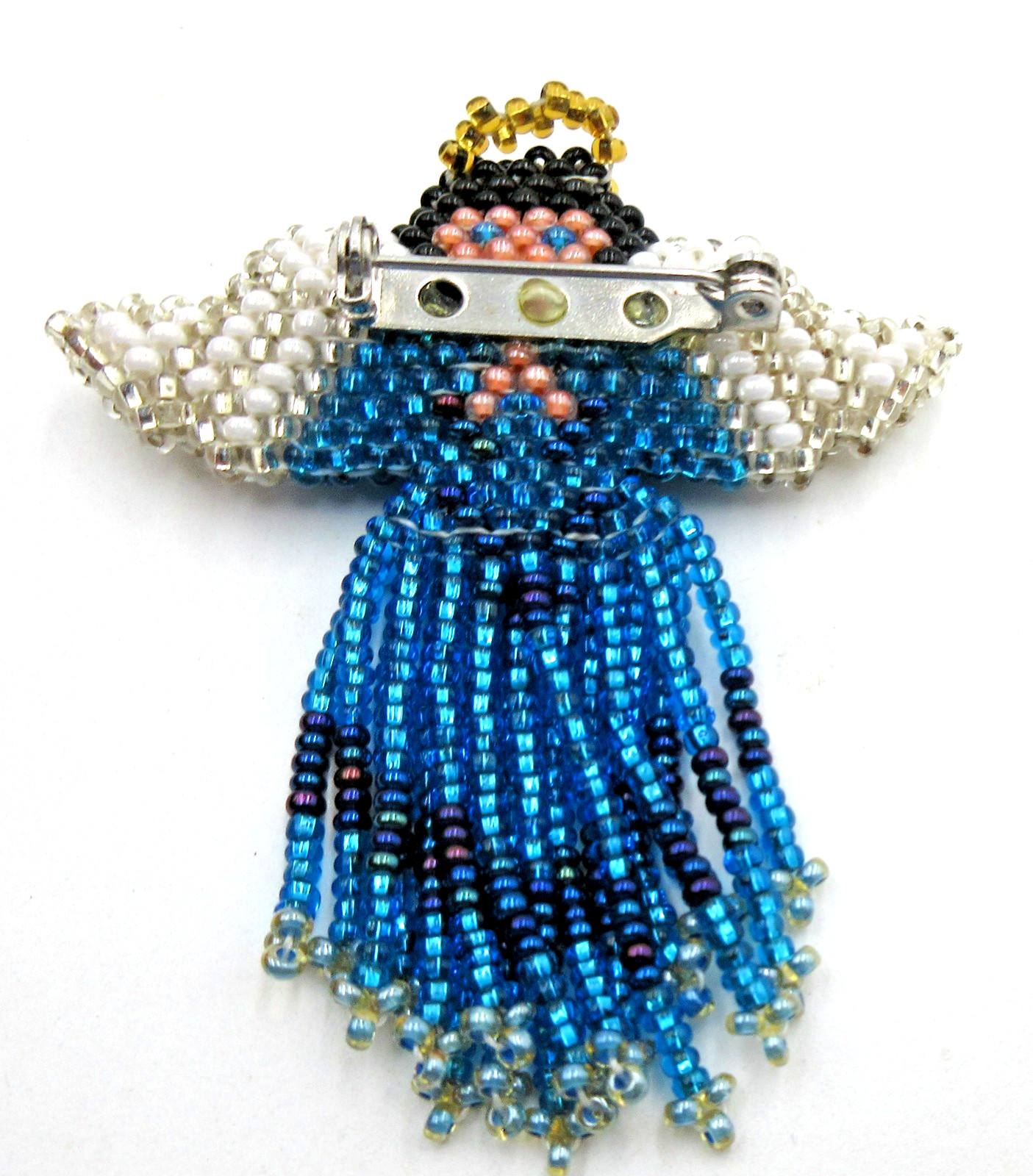 VTG UNUSUAL DANGLE SEED BEADS BIG ANGEL WING Brooch Pin white blu yellow pink