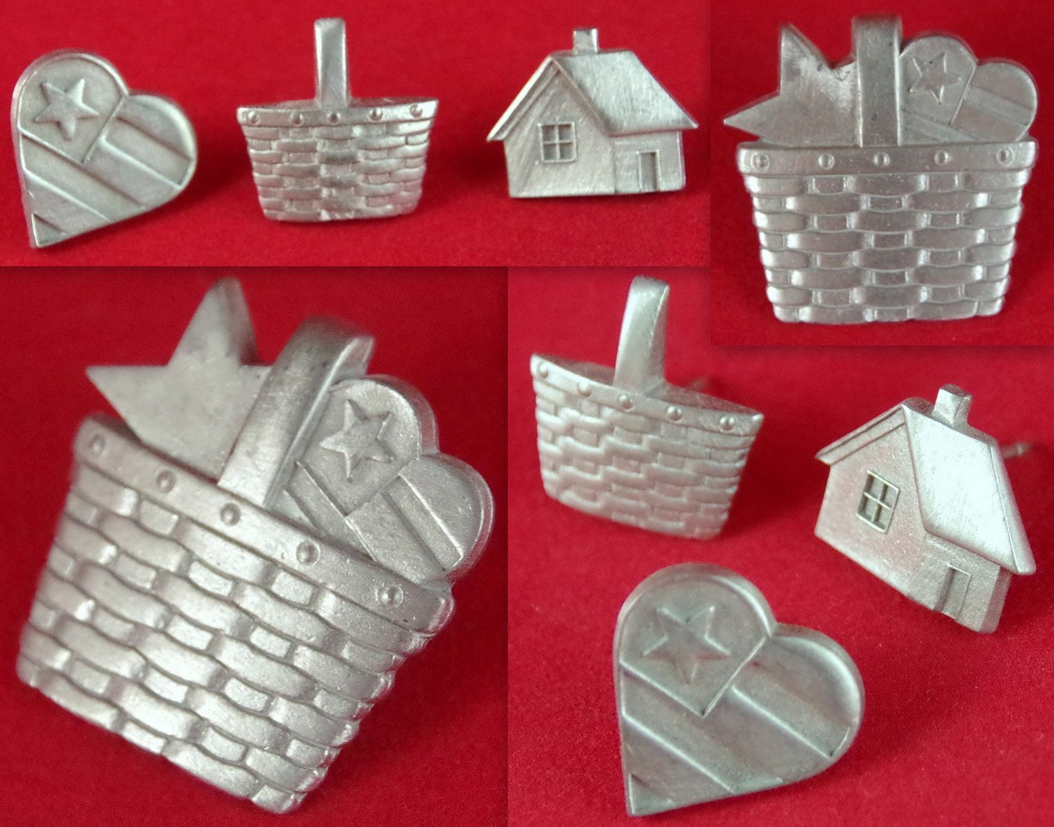 Lot 2 NOS VTG FINE PEWTER PICNIC BASKET, SET 3 HOUSE FLAG HEART BROOCH LAPEL PIN