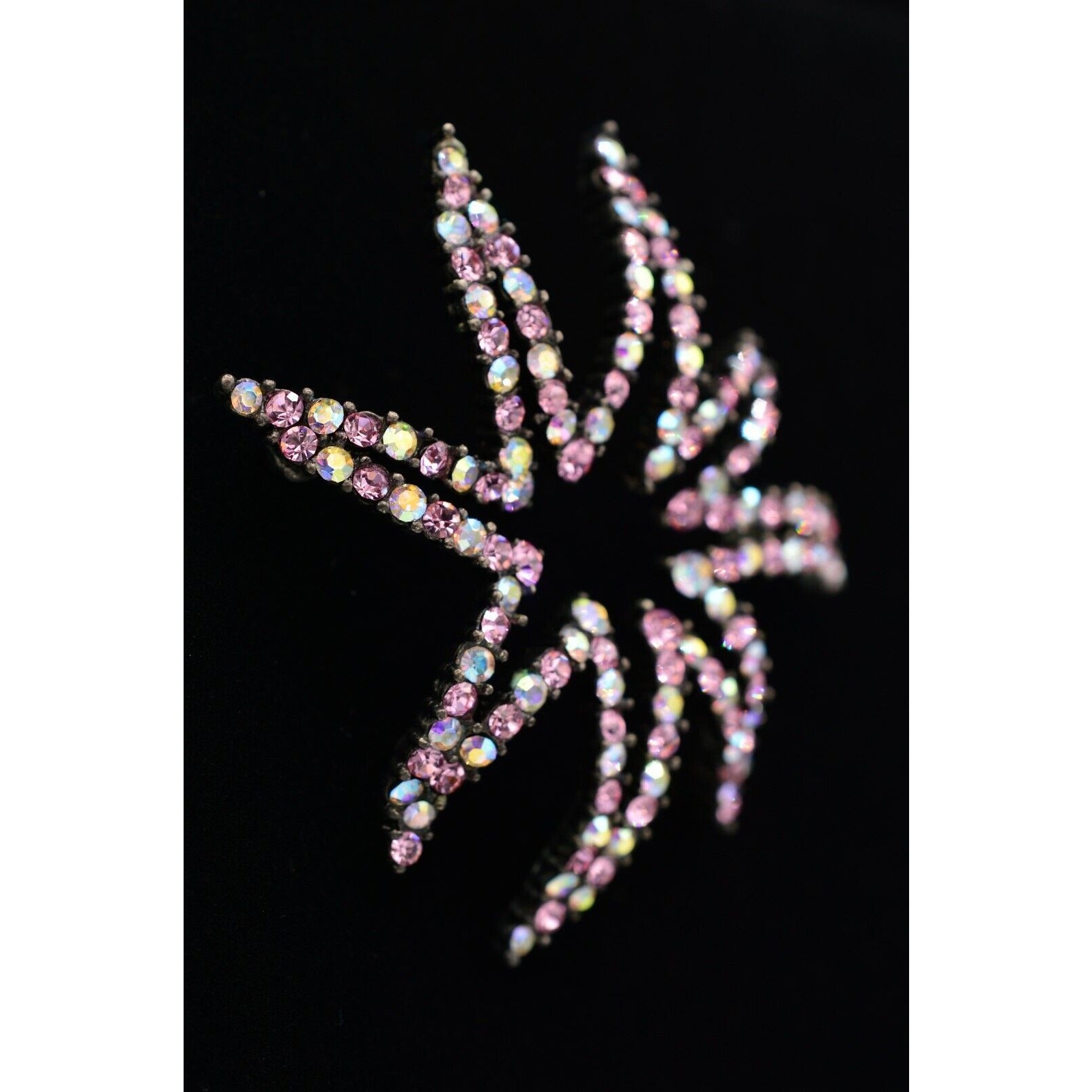 Givenchy Vintage Crystal Flower Star Pin Brooch AB Pink Gunmetal Signed 80s Bin8