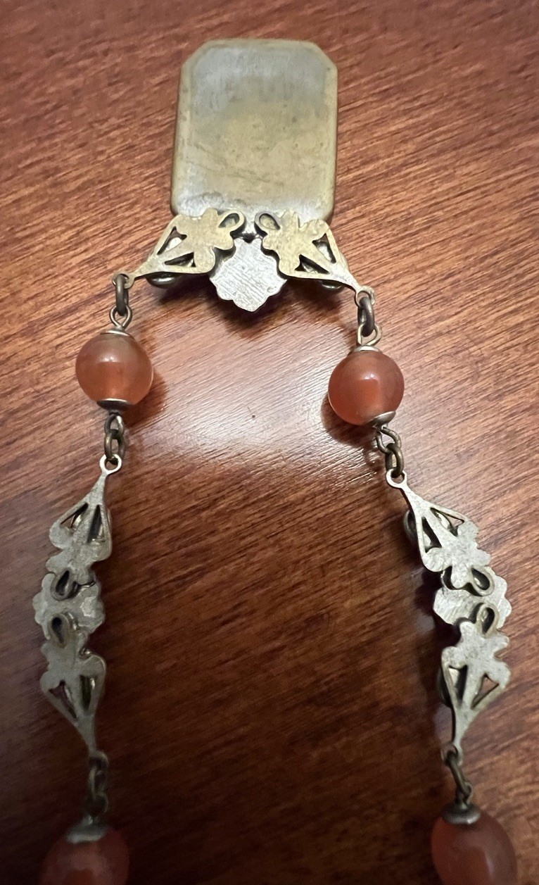 Vintage CZECH Faux Carnelian Glass Enamel Floral Station Pendant Necklace Signed